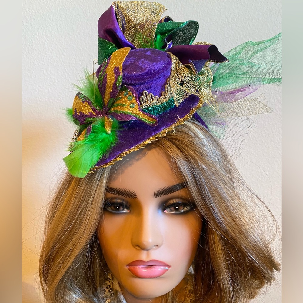 Mardi Gras Hat with Feathers, Ribbon, Tulle, and Butterfly